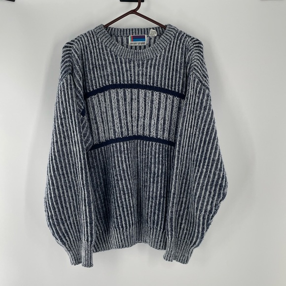 VTG Sweater Graphix Navy Light Blue Ribbed Knit 80s-90s Crewneck Grandpa… - Picture 7 of 13